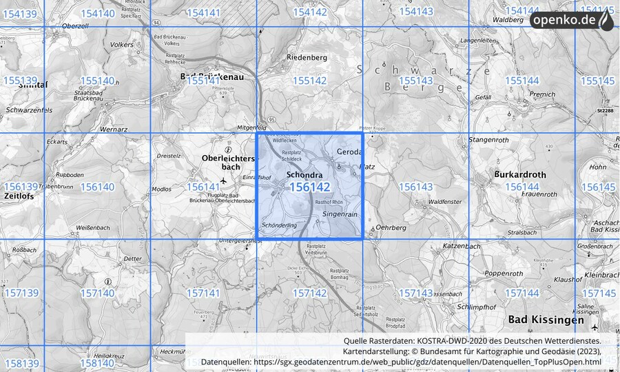 Übersichtskarte des KOSTRA-DWD-2020-Rasterfeldes Nr. 156142