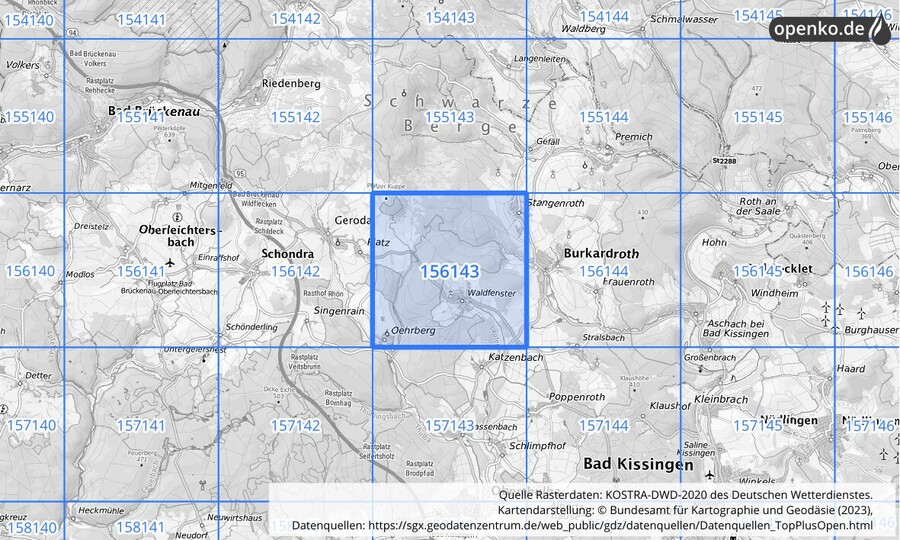 Übersichtskarte des KOSTRA-DWD-2020-Rasterfeldes Nr. 156143