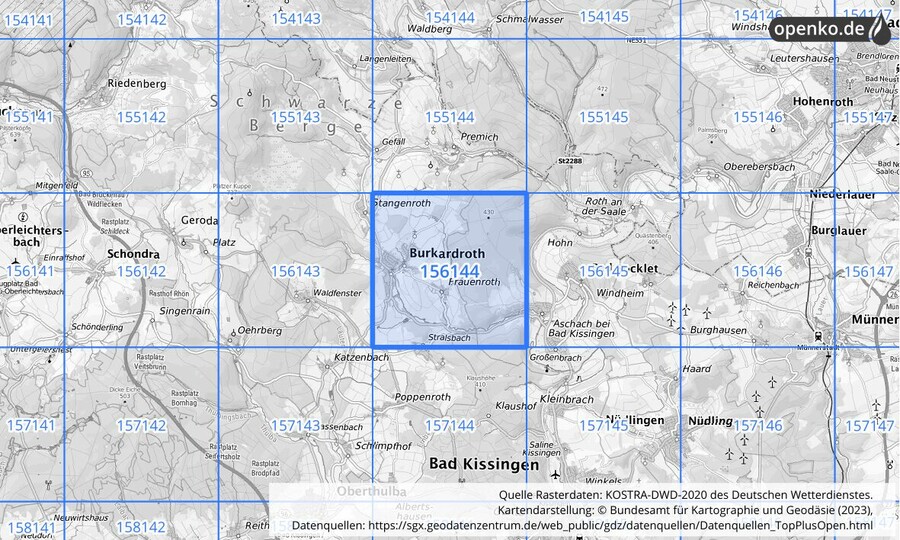 Übersichtskarte des KOSTRA-DWD-2020-Rasterfeldes Nr. 156144