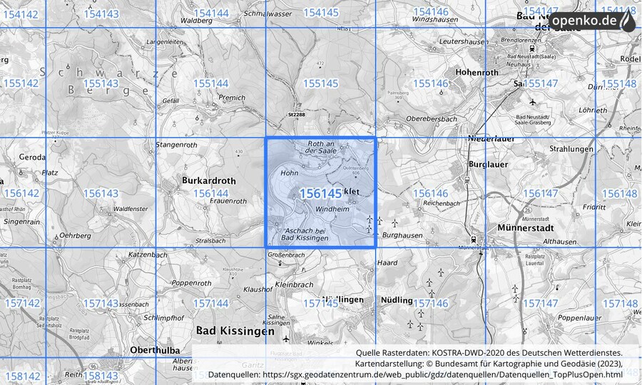 Übersichtskarte des KOSTRA-DWD-2020-Rasterfeldes Nr. 156145