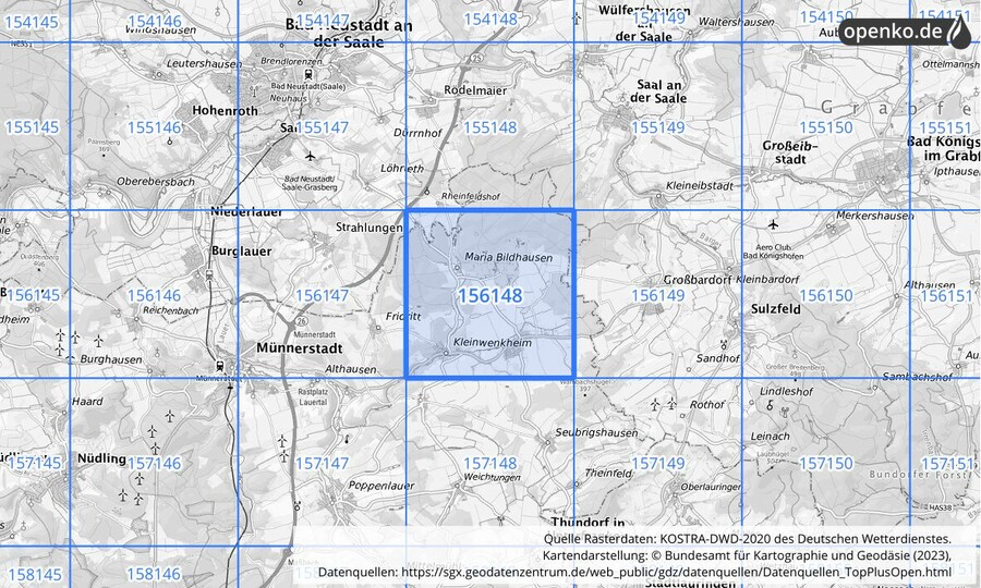 Übersichtskarte des KOSTRA-DWD-2020-Rasterfeldes Nr. 156148