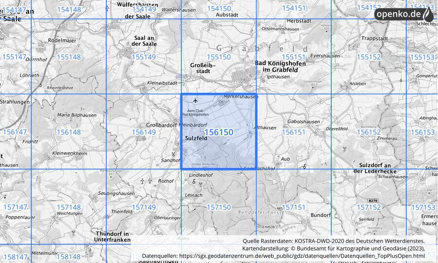 Übersichtskarte des KOSTRA-DWD-2020-Rasterfeldes Nr. 156150