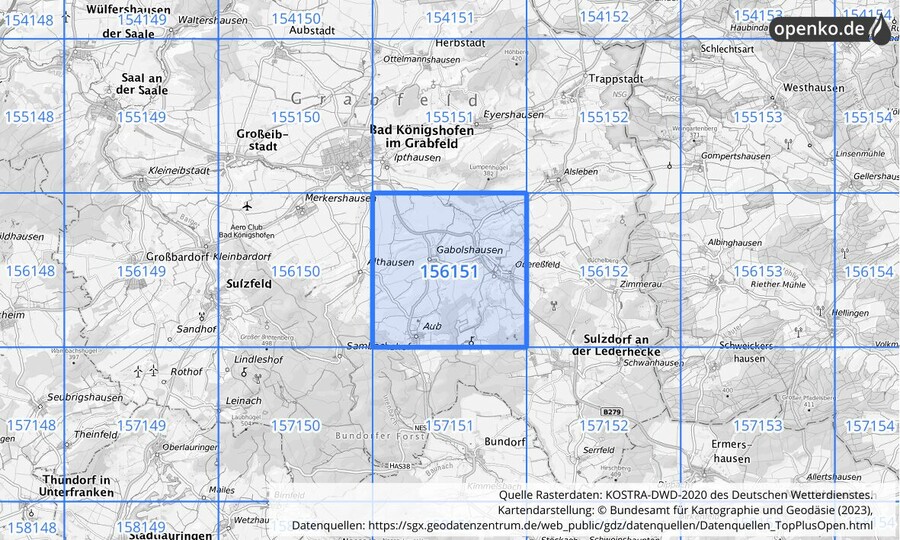 Übersichtskarte des KOSTRA-DWD-2020-Rasterfeldes Nr. 156151