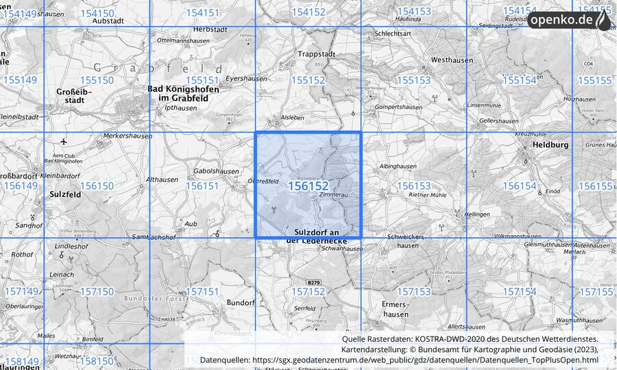 Übersichtskarte des KOSTRA-DWD-2020-Rasterfeldes Nr. 156152