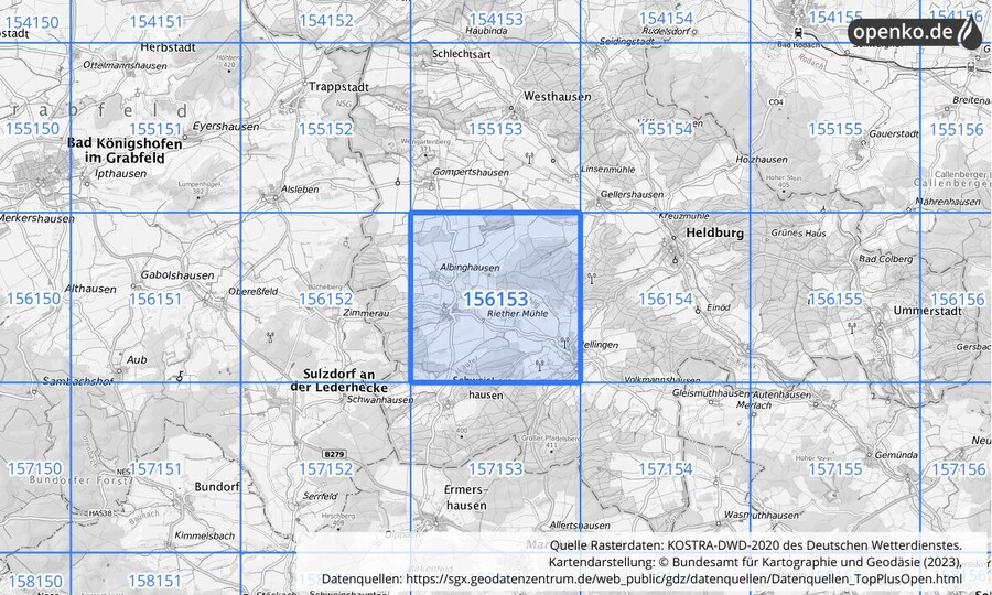 Übersichtskarte des KOSTRA-DWD-2020-Rasterfeldes Nr. 156153