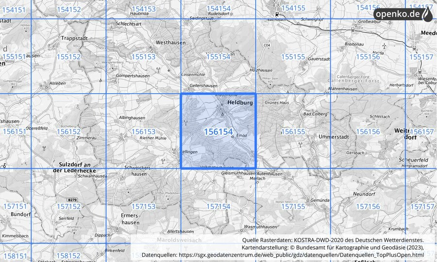 Übersichtskarte des KOSTRA-DWD-2020-Rasterfeldes Nr. 156154