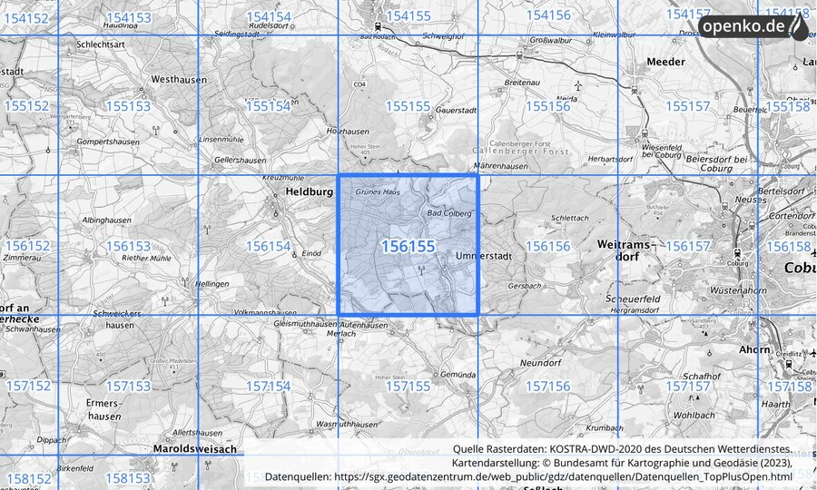 Übersichtskarte des KOSTRA-DWD-2020-Rasterfeldes Nr. 156155