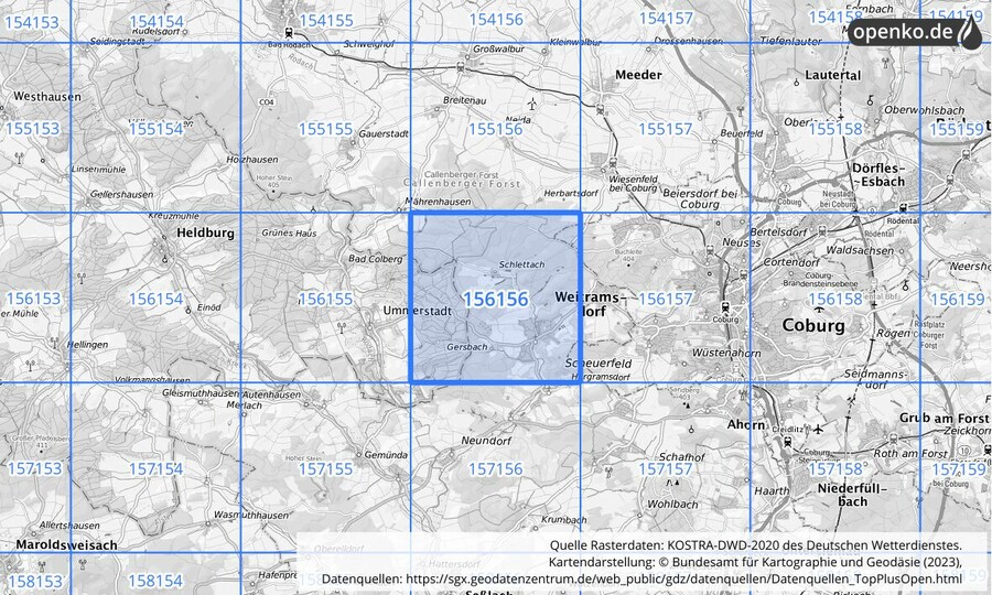 Übersichtskarte des KOSTRA-DWD-2020-Rasterfeldes Nr. 156156