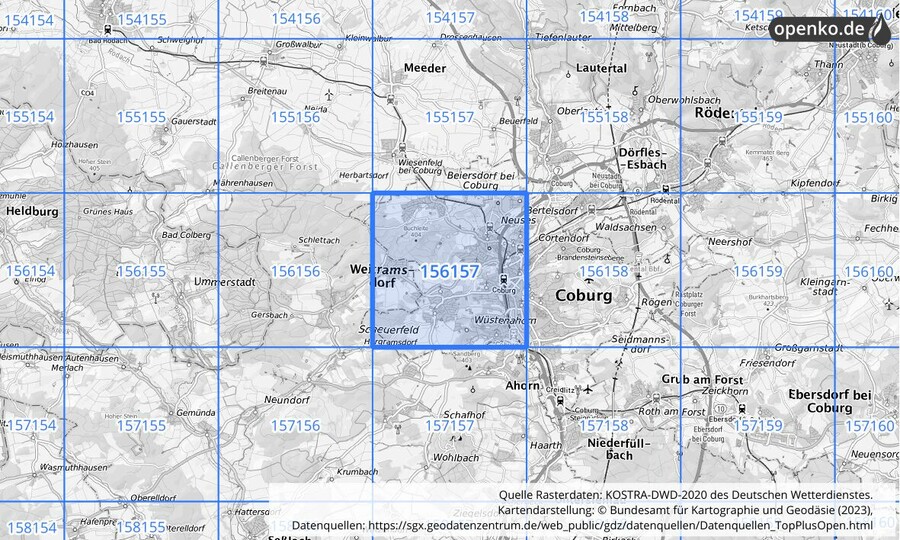 Übersichtskarte des KOSTRA-DWD-2020-Rasterfeldes Nr. 156157