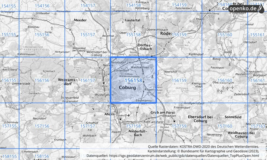 Übersichtskarte des KOSTRA-DWD-2020-Rasterfeldes Nr. 156158