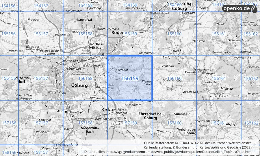 Übersichtskarte des KOSTRA-DWD-2020-Rasterfeldes Nr. 156159