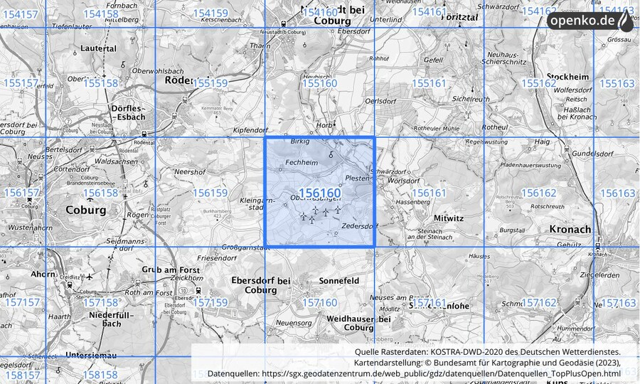 Übersichtskarte des KOSTRA-DWD-2020-Rasterfeldes Nr. 156160