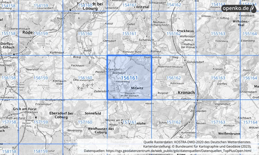 Übersichtskarte des KOSTRA-DWD-2020-Rasterfeldes Nr. 156161