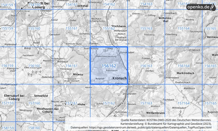 Übersichtskarte des KOSTRA-DWD-2020-Rasterfeldes Nr. 156162