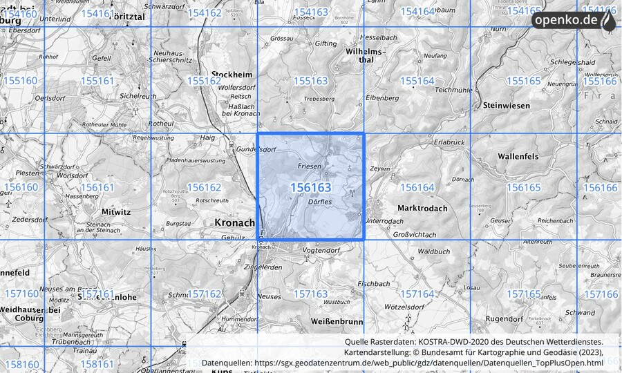 Übersichtskarte des KOSTRA-DWD-2020-Rasterfeldes Nr. 156163