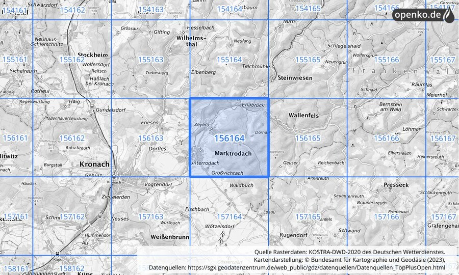 Übersichtskarte des KOSTRA-DWD-2020-Rasterfeldes Nr. 156164