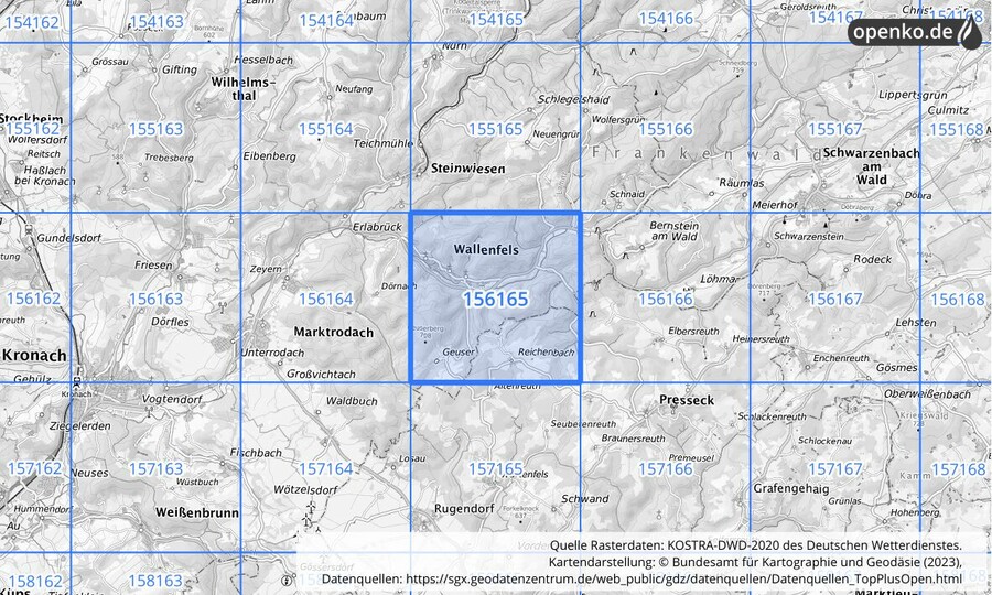 Übersichtskarte des KOSTRA-DWD-2020-Rasterfeldes Nr. 156165