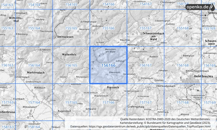 Übersichtskarte des KOSTRA-DWD-2020-Rasterfeldes Nr. 156166