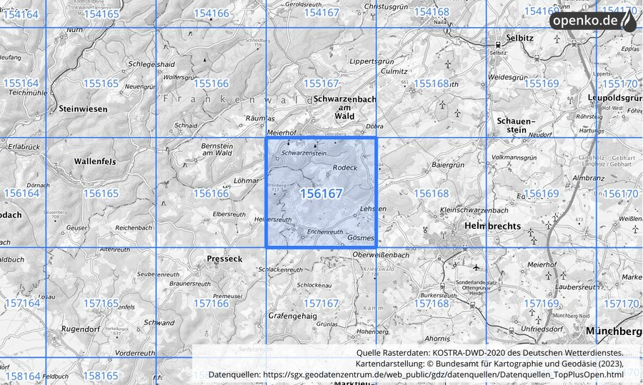 Übersichtskarte des KOSTRA-DWD-2020-Rasterfeldes Nr. 156167
