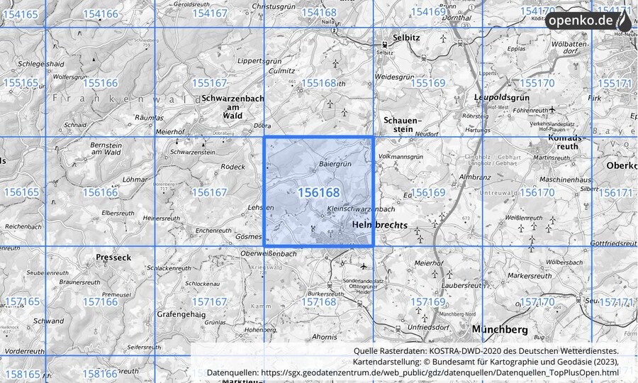 Übersichtskarte des KOSTRA-DWD-2020-Rasterfeldes Nr. 156168