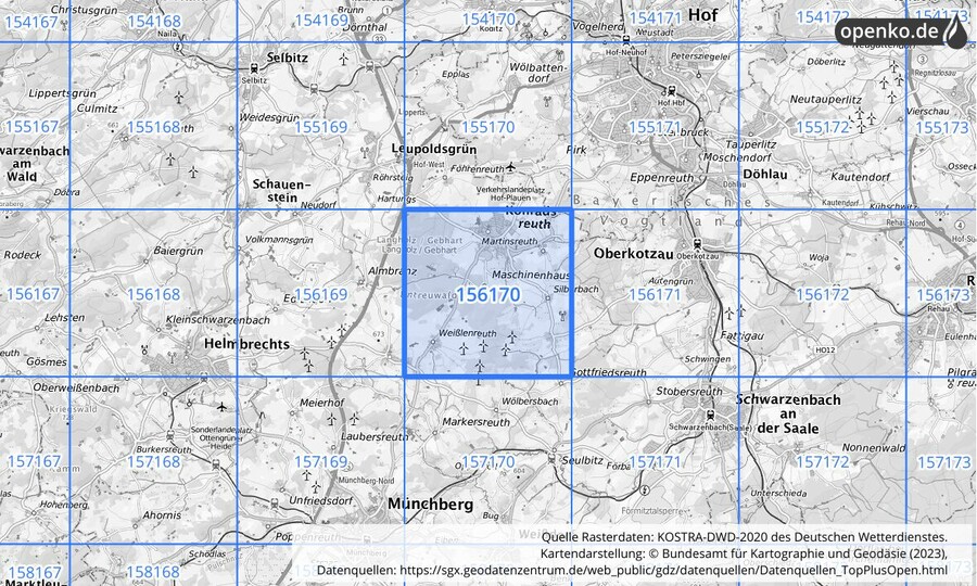 Übersichtskarte des KOSTRA-DWD-2020-Rasterfeldes Nr. 156170