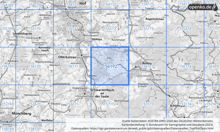 Übersichtskarte des KOSTRA-DWD-2020-Rasterfeldes Nr. 156172