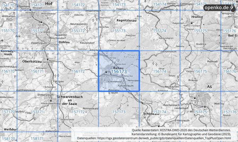 Übersichtskarte des KOSTRA-DWD-2020-Rasterfeldes Nr. 156173