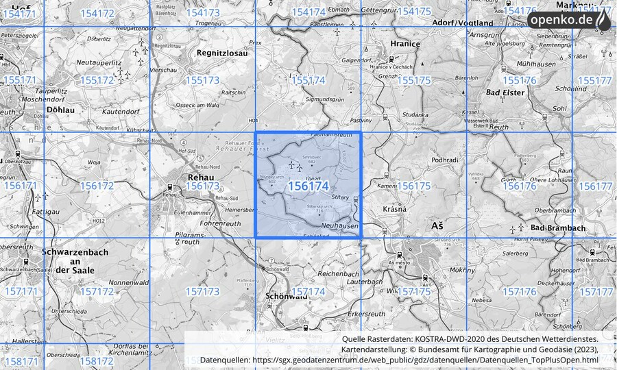 Übersichtskarte des KOSTRA-DWD-2020-Rasterfeldes Nr. 156174