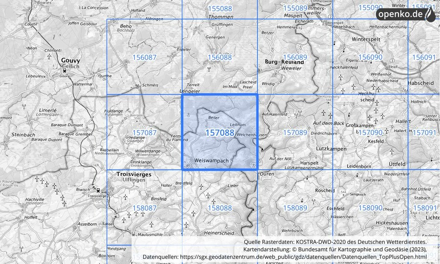 Übersichtskarte des KOSTRA-DWD-2020-Rasterfeldes Nr. 157088
