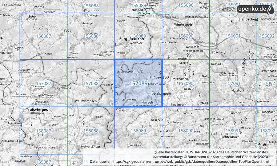 Übersichtskarte des KOSTRA-DWD-2020-Rasterfeldes Nr. 157089