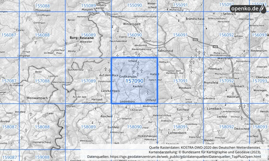 Übersichtskarte des KOSTRA-DWD-2020-Rasterfeldes Nr. 157090