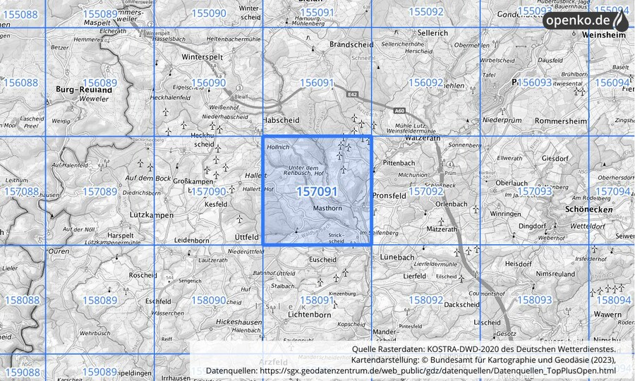 Übersichtskarte des KOSTRA-DWD-2020-Rasterfeldes Nr. 157091