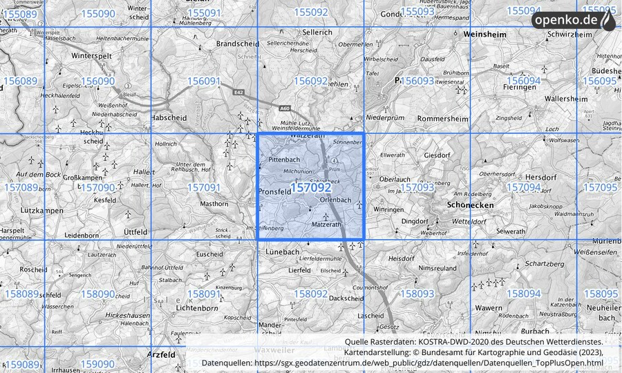 Übersichtskarte des KOSTRA-DWD-2020-Rasterfeldes Nr. 157092