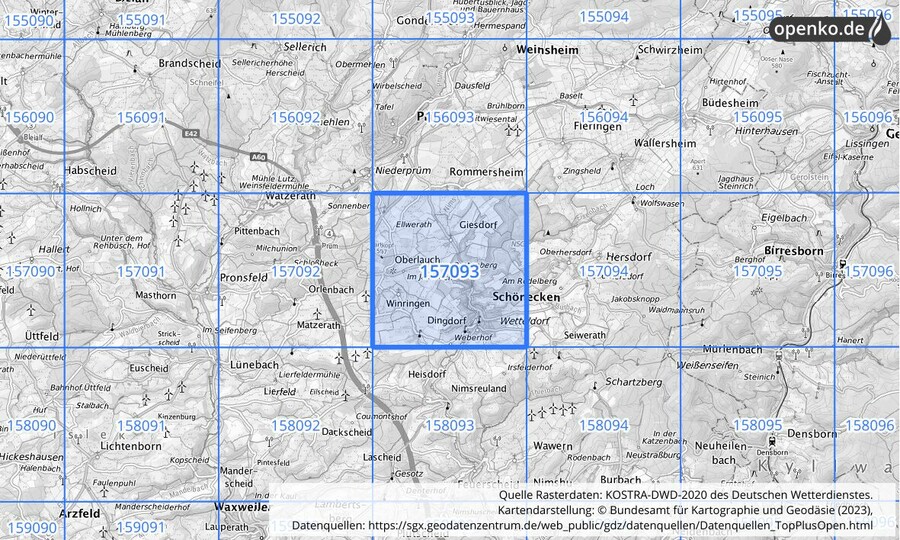 Übersichtskarte des KOSTRA-DWD-2020-Rasterfeldes Nr. 157093