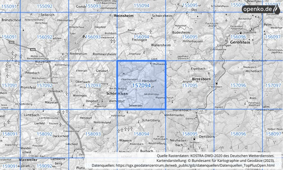 Übersichtskarte des KOSTRA-DWD-2020-Rasterfeldes Nr. 157094