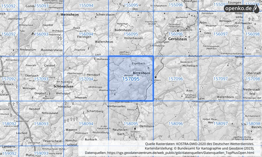 Übersichtskarte des KOSTRA-DWD-2020-Rasterfeldes Nr. 157095