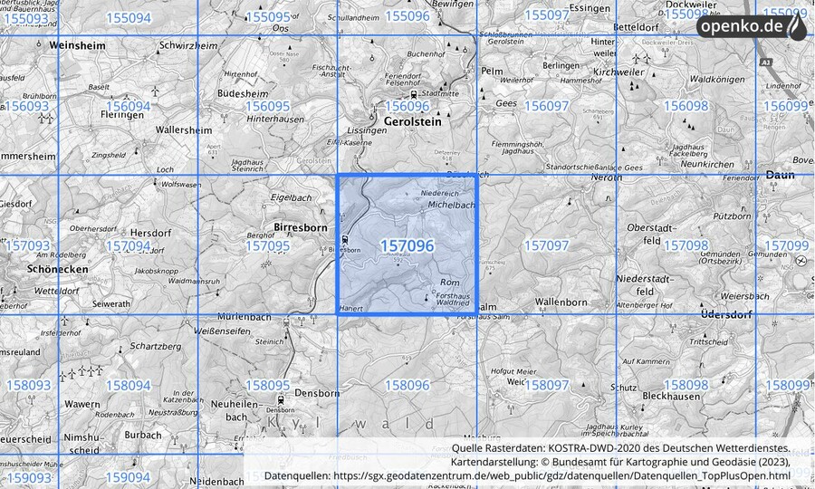 Übersichtskarte des KOSTRA-DWD-2020-Rasterfeldes Nr. 157096