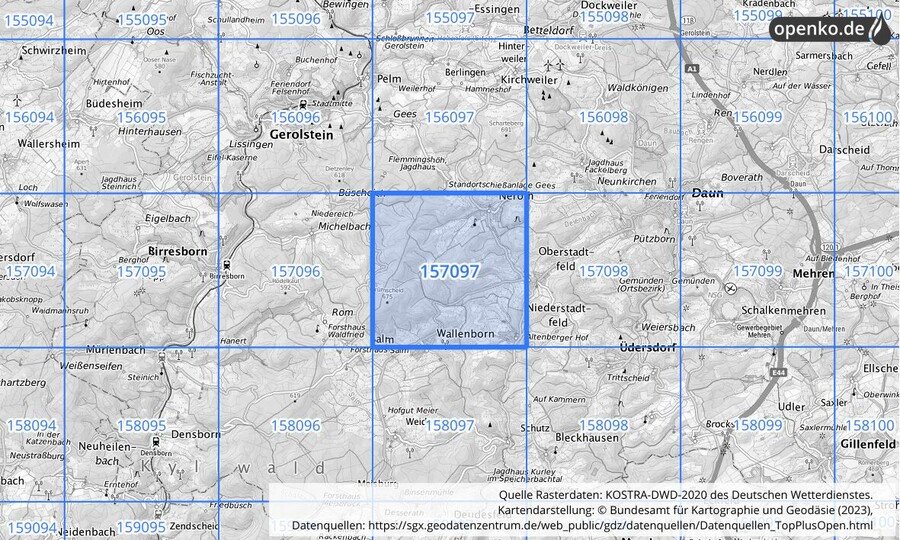 Übersichtskarte des KOSTRA-DWD-2020-Rasterfeldes Nr. 157097