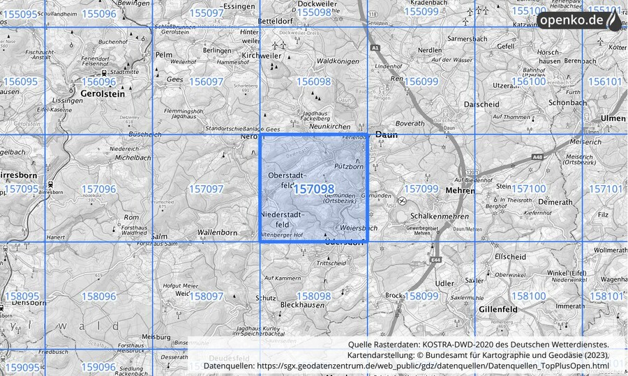 Übersichtskarte des KOSTRA-DWD-2020-Rasterfeldes Nr. 157098