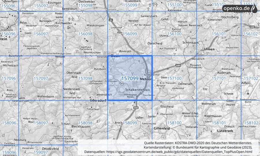 Übersichtskarte des KOSTRA-DWD-2020-Rasterfeldes Nr. 157099