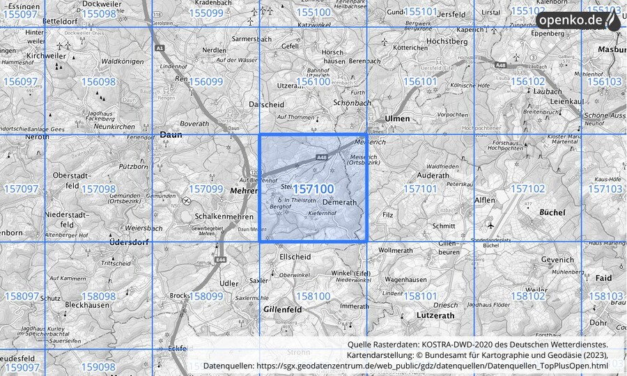 Übersichtskarte des KOSTRA-DWD-2020-Rasterfeldes Nr. 157100