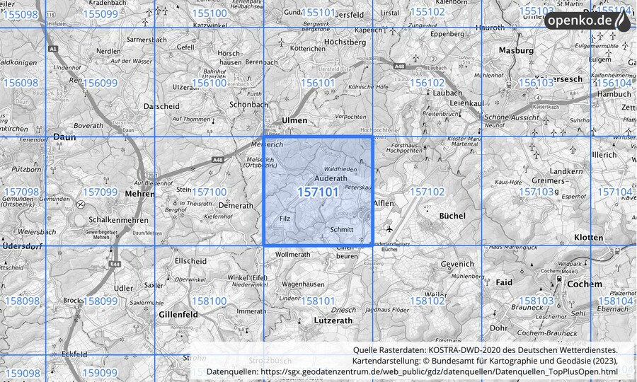 Übersichtskarte des KOSTRA-DWD-2020-Rasterfeldes Nr. 157101