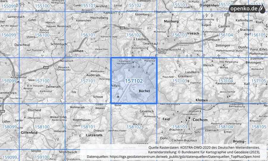 Übersichtskarte des KOSTRA-DWD-2020-Rasterfeldes Nr. 157102