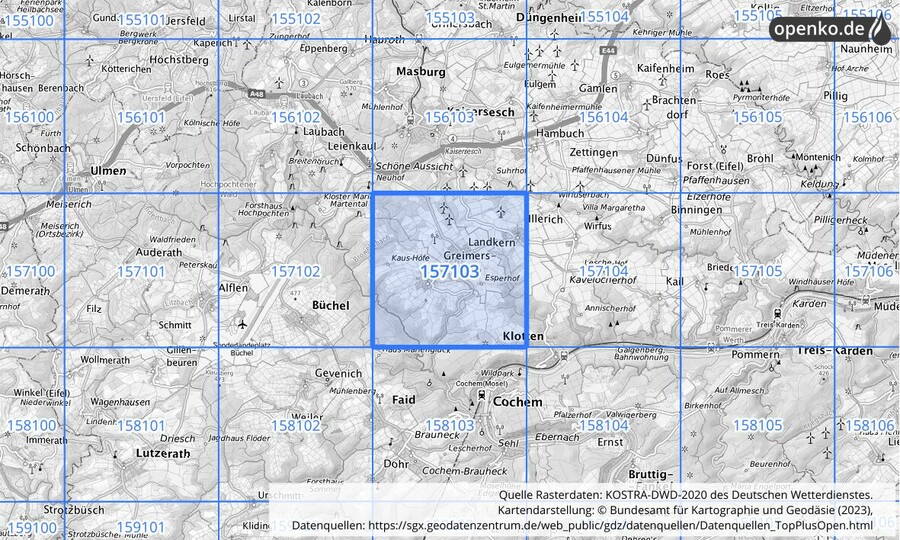 Übersichtskarte des KOSTRA-DWD-2020-Rasterfeldes Nr. 157103