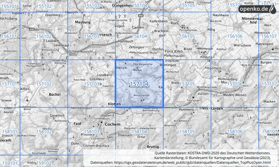 Übersichtskarte des KOSTRA-DWD-2020-Rasterfeldes Nr. 157104