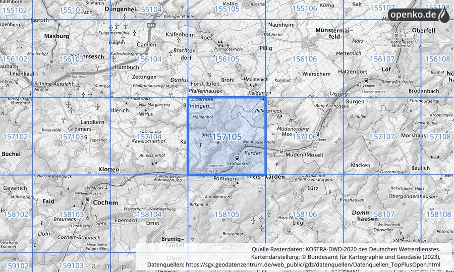 Übersichtskarte des KOSTRA-DWD-2020-Rasterfeldes Nr. 157105