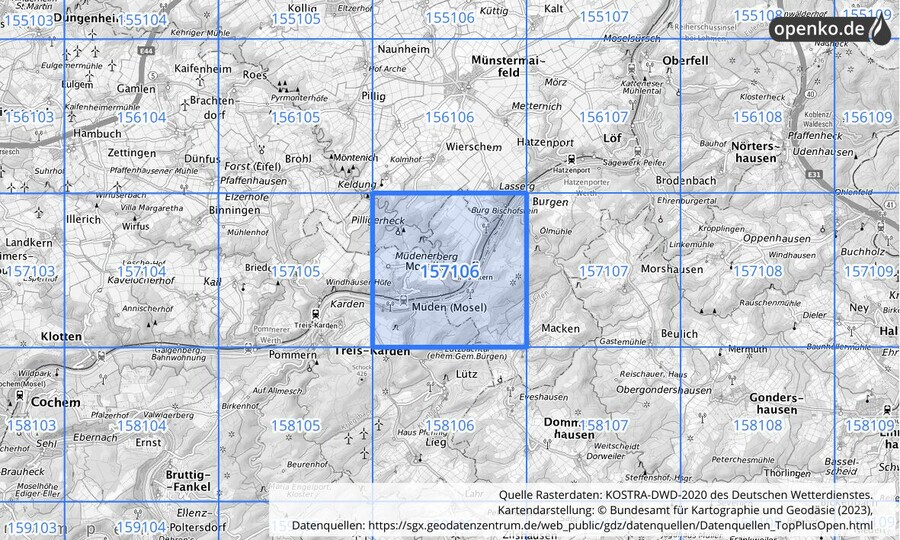 Übersichtskarte des KOSTRA-DWD-2020-Rasterfeldes Nr. 157106
