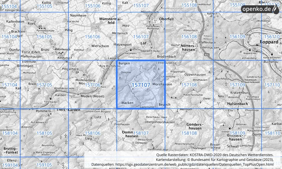 Übersichtskarte des KOSTRA-DWD-2020-Rasterfeldes Nr. 157107