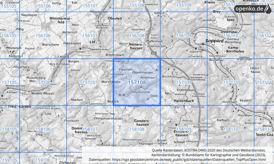 Übersichtskarte des KOSTRA-DWD-2020-Rasterfeldes Nr. 157108