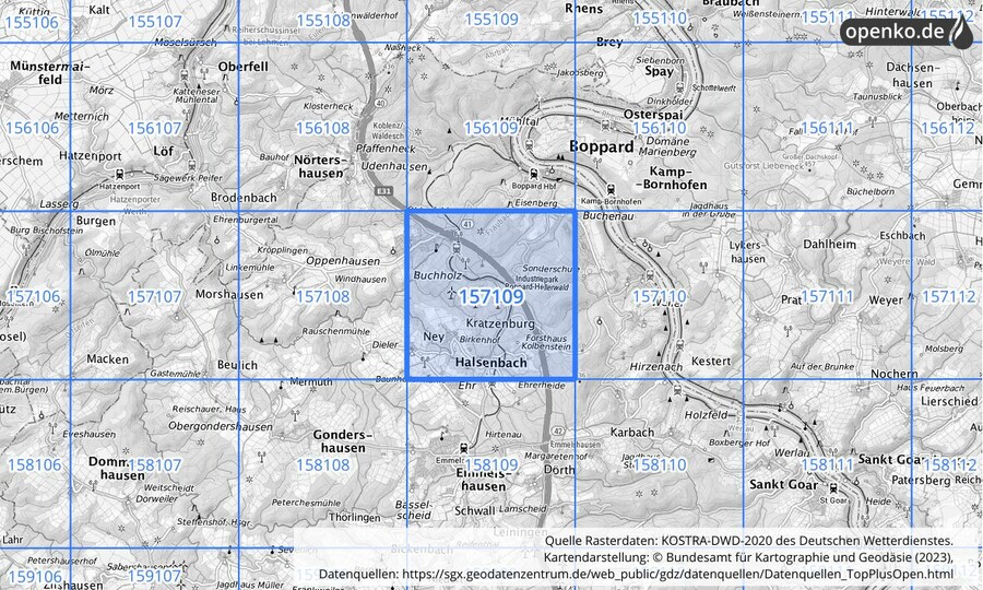 Übersichtskarte des KOSTRA-DWD-2020-Rasterfeldes Nr. 157109